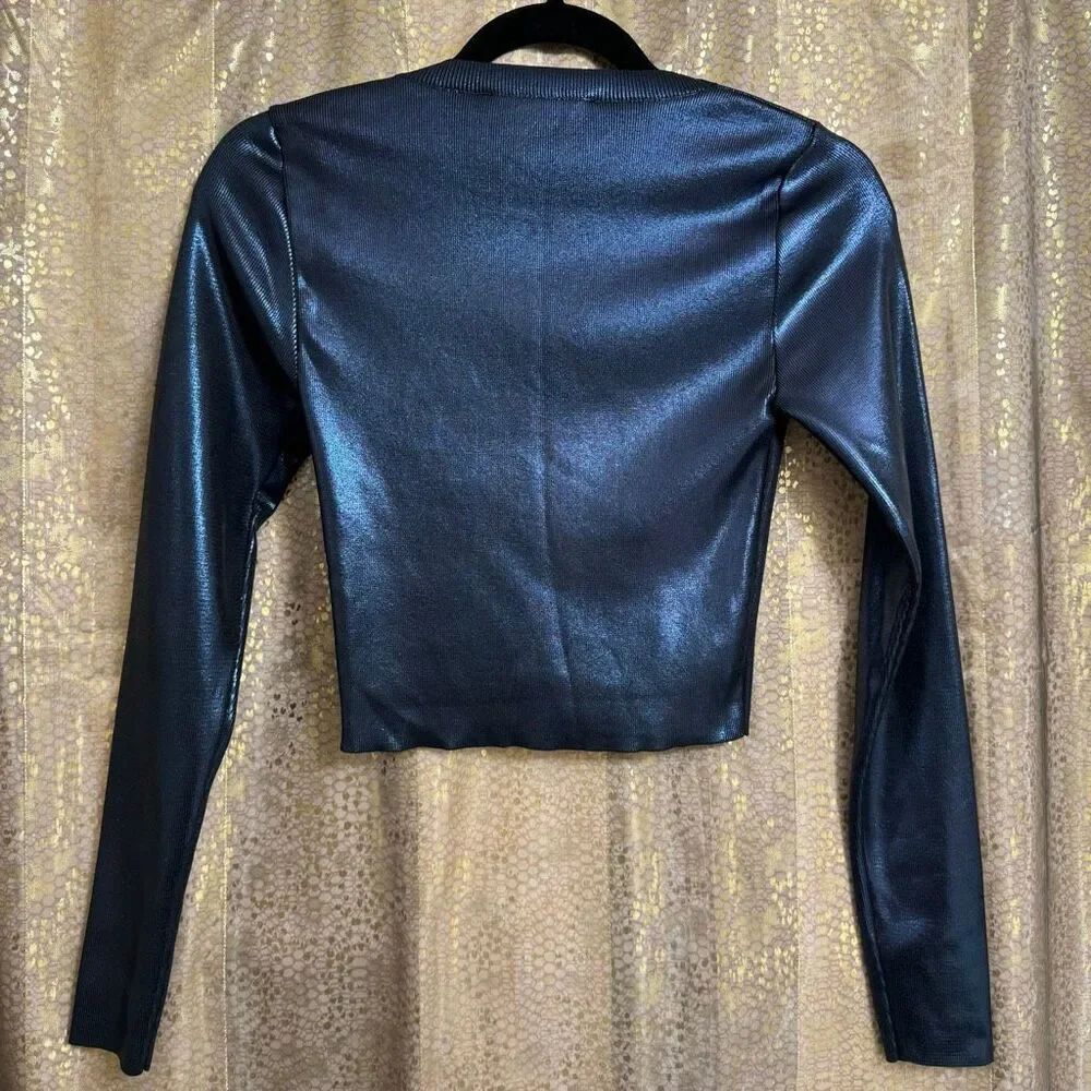 ZARA Navy Blue Metallic Foil Cropped Long Sleeve Futuristic Top Slim Small - Picture 2 of 8